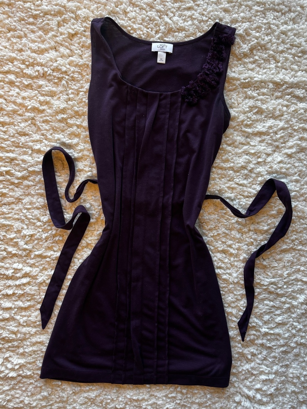 LOFT Women's Deep Purple Pleated Sleeveless Mini Dress with Tie Waist